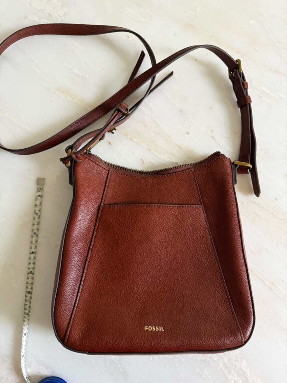 Fossil Chestnut Leather Crossbody with Gold Accents